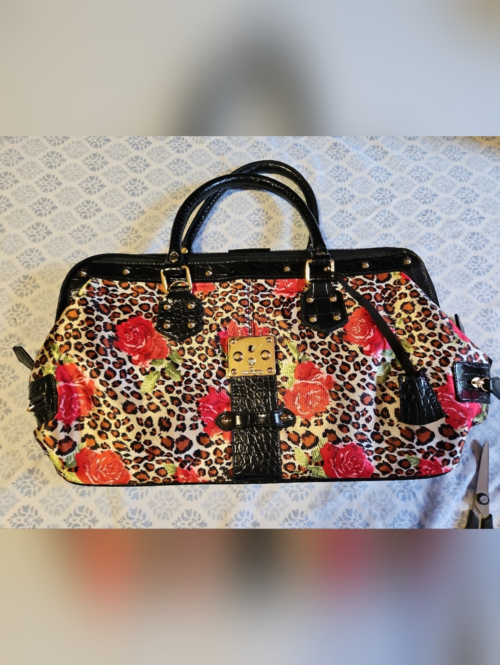 EUC Floral Leopard Print Satchel Handbag with Black Trim
